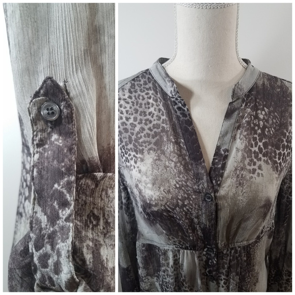 Express Gray Animal Print Sheer Hi-Lo button up long sleeve Blouse top Small - Picture 7 of 8